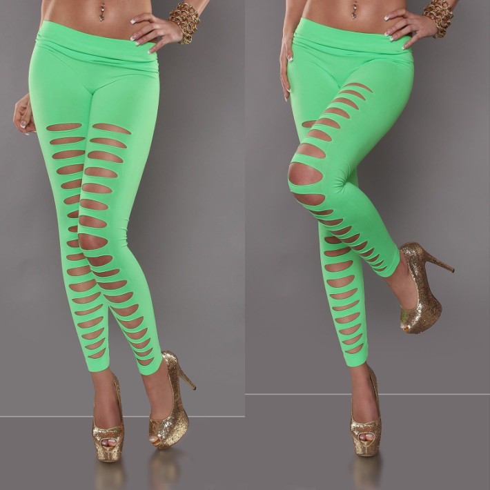 Women Fashion Solid Color Green Cut Out Punk Leggings
